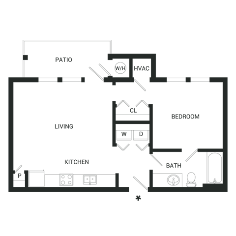 Floor plan for 1 bed, 1 bath, 575 sqft